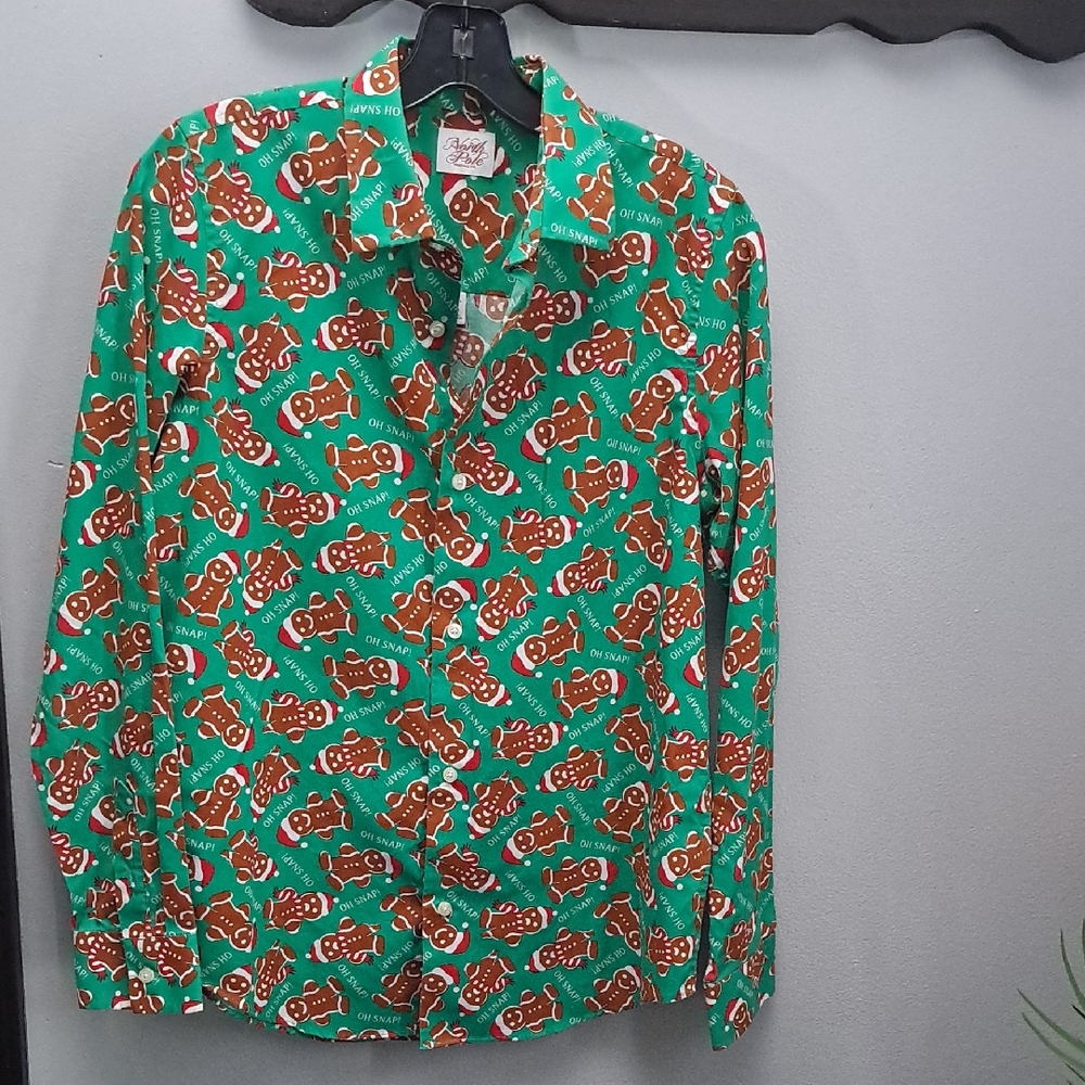 North Pole Festive Green Gingerbread Men Kids Button Down Shirt Size XL